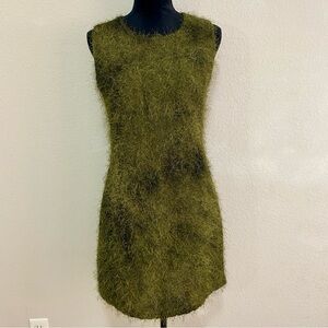 Vtg Ninety Olive Green Eyelash Knit Dress L Mossy Shag Texture Y2K Whimsigoth